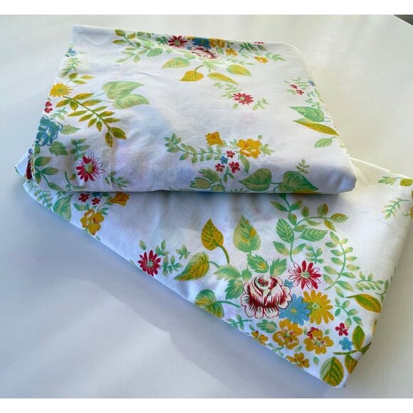 Vintage 70s bedsheets set, flat and fitted, green yellow floral, full size bed - Picture 1 of 8